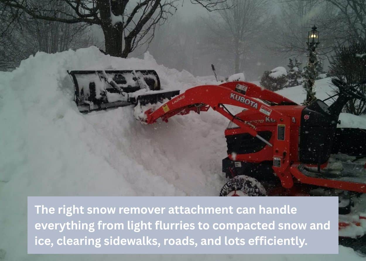 The right snow remover attachment can handle everything from light flurries to compacted snow and ice, clearing sidewalks, roads, and lots efficiently.