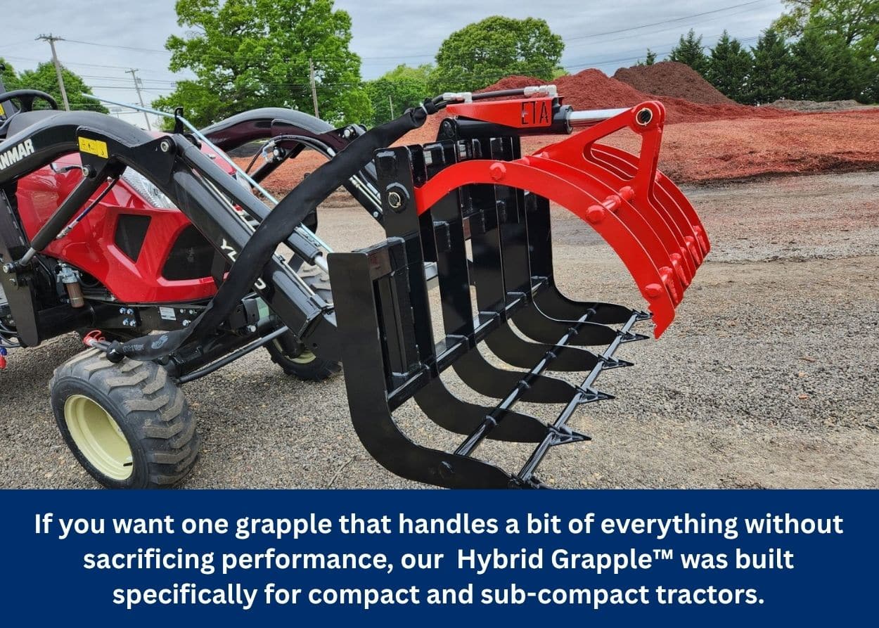 Hybrid grapple attachment designed specifically for compact tractors handling brush, logs, and debris