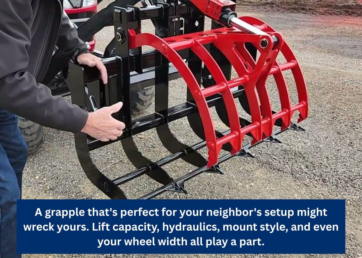 Compact tractor equipped with a grapple attachment designed for handling logs, brush, and debris