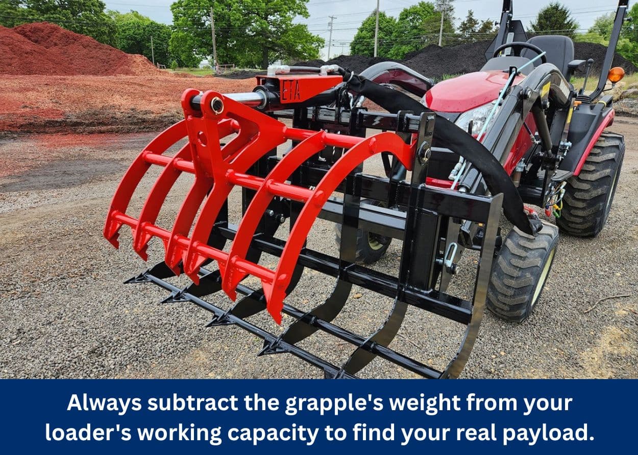 Properly sized grapple attachment mounted on a compact tractor for efficient material handling