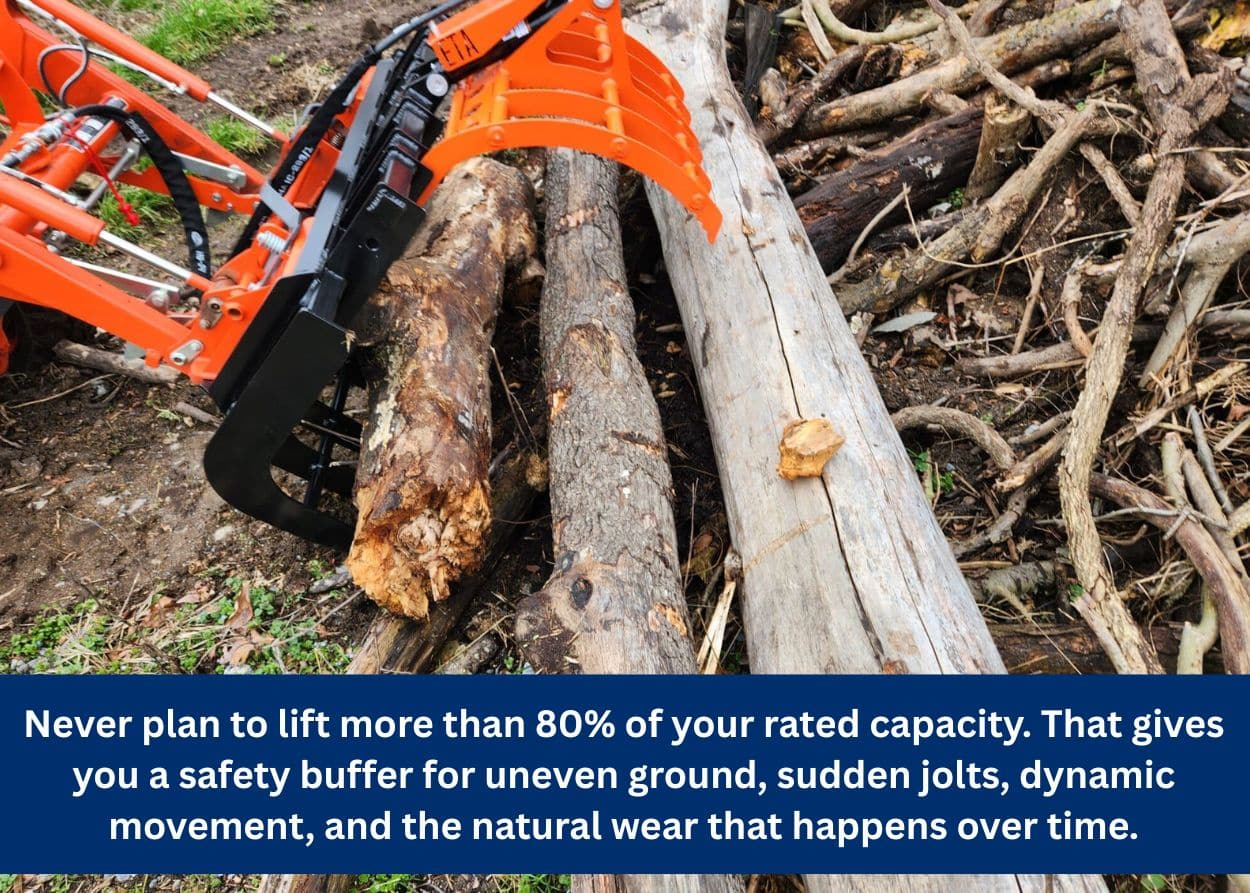 Grapple attachment lifting large logs while demonstrating tractor lift capacity and attachment weight considerations
