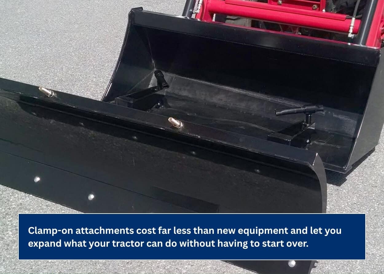 Clamp-on snow blade attachment mounted to a compact tractor loader bucket
