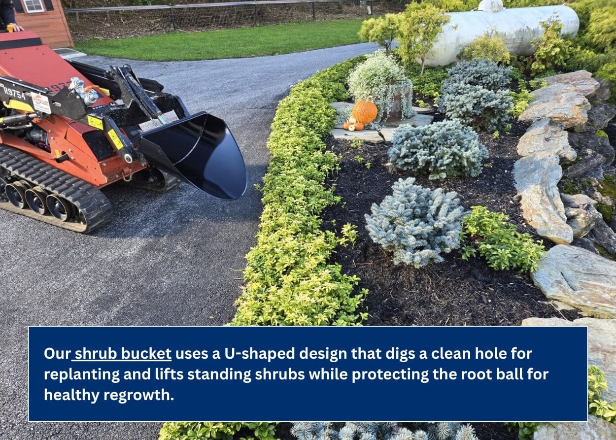 Clamp-on shrub bucket attachment on a compact track loader for landscaping work