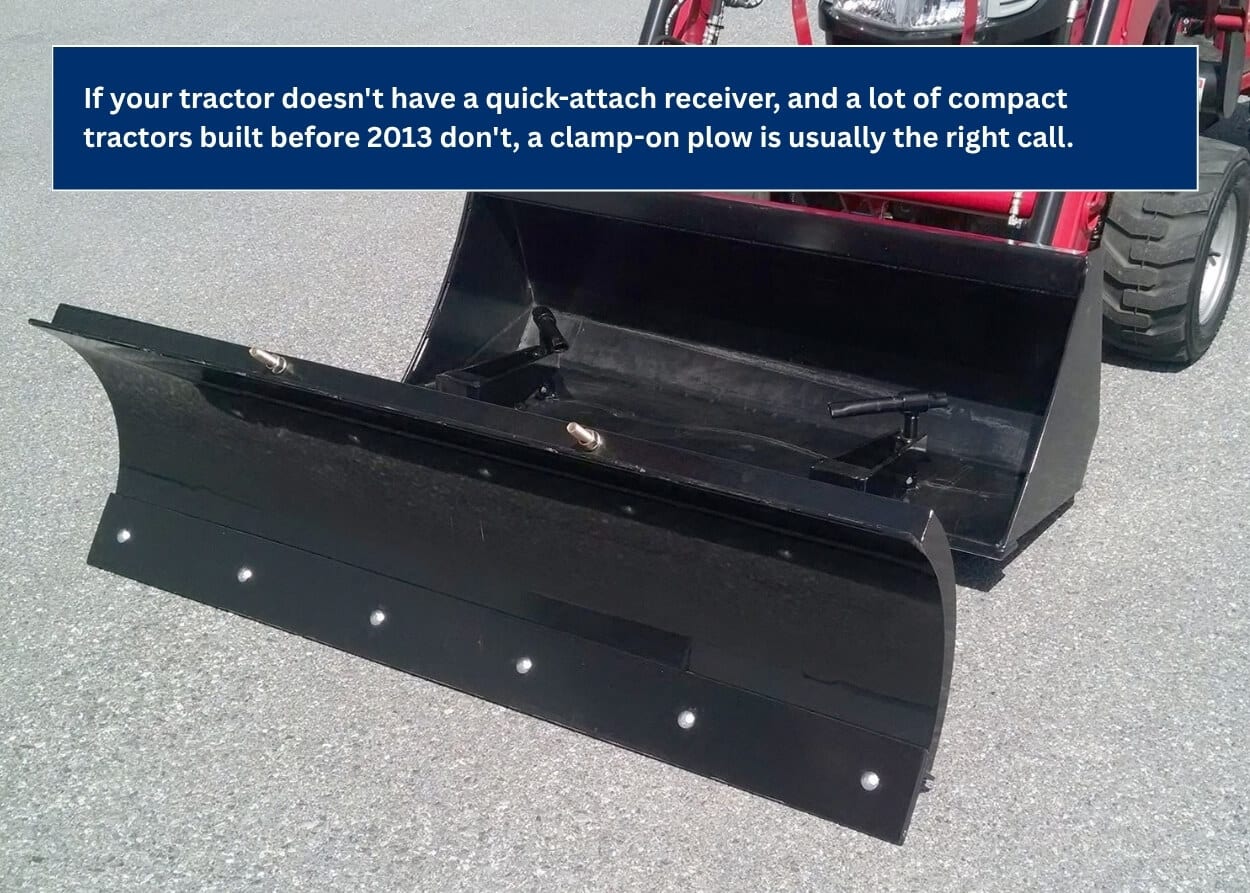 Clamp-on snow plows for tractors that don_t have a quick-attach receiver
